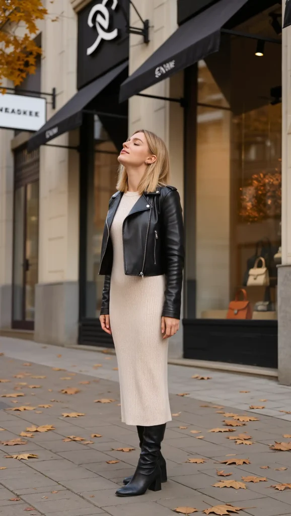 Cropped Leather Jacket & Knit Midi Dress