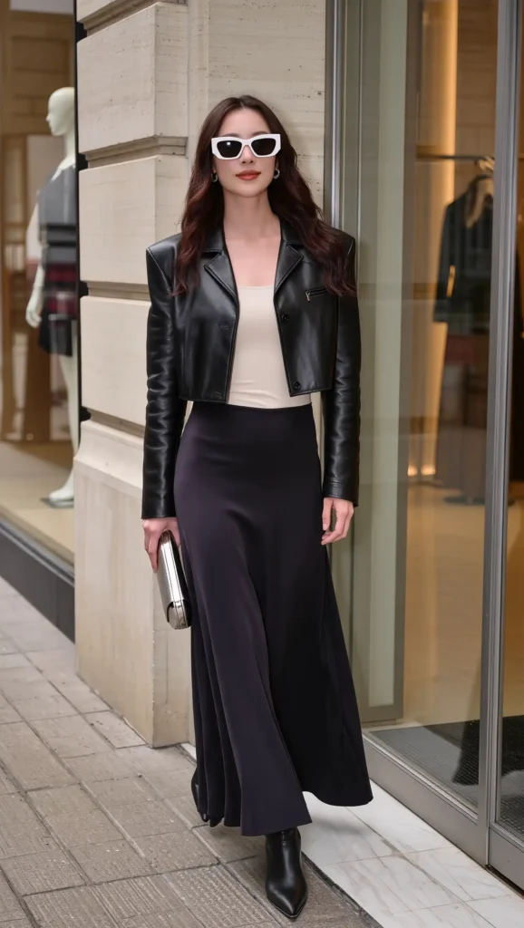 25 Fall Baddie Outfit Ideas 2026: Bold, Trendy & Main-Character Approved 17 Cropped Leather Jacket + Maxi Skirt