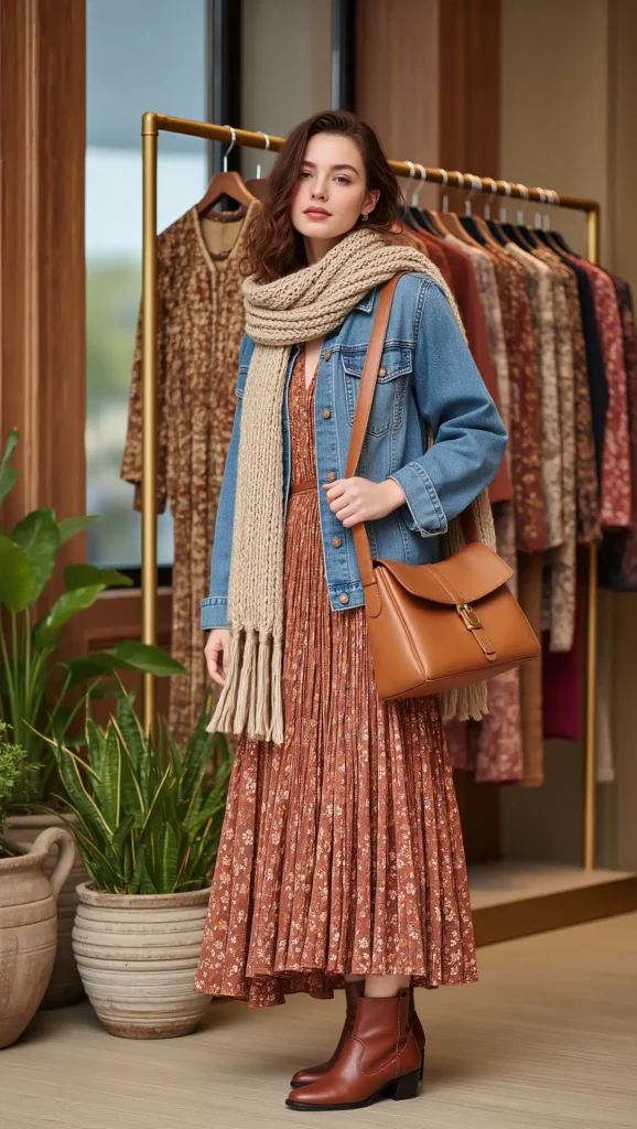 25 Fall Boho Outfit Ideas 2026: Free-Spirited Looks That Feel Effortlessly Chic 10 Denim Jacket With a Floral Maxi Dress