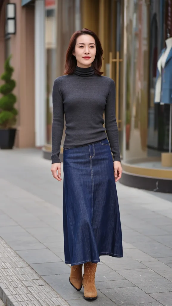 Denim Maxi Skirt & Cowboy Boots