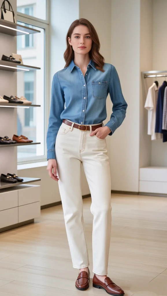 Denim Shirt & Ivory Jeans