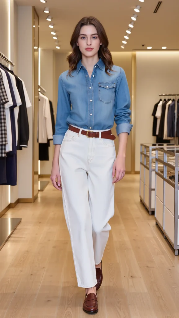 25 Fall Pinterest Girl Outfit Ideas 2026: Aesthetic Looks You'll Want to Save Instantly 11 Denim Shirt & White Jeans
