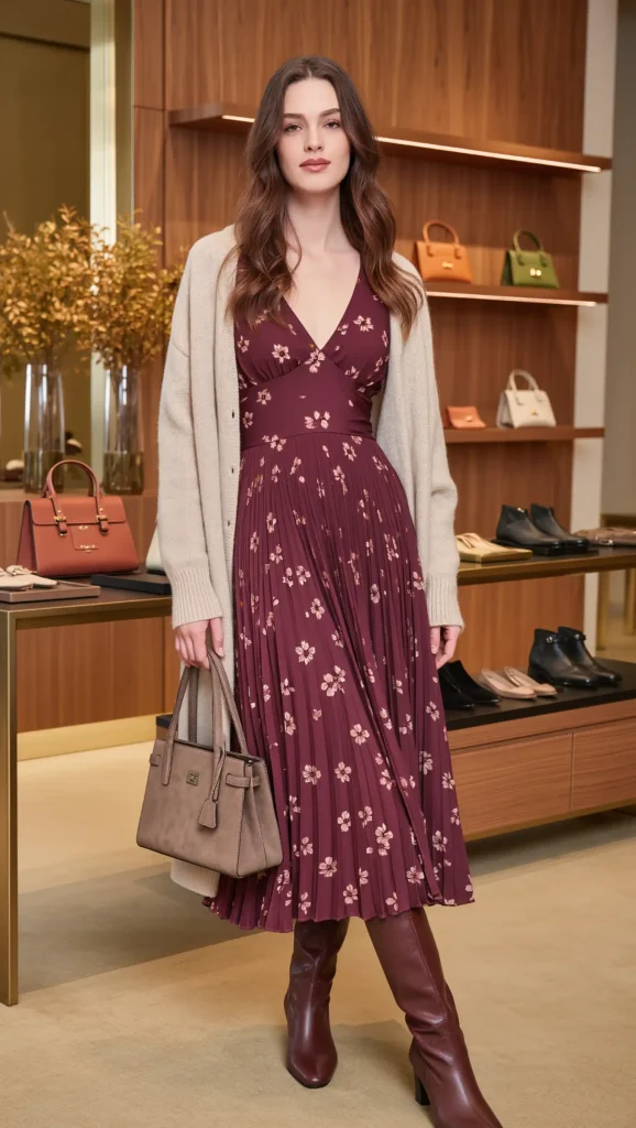 25 Fall Boho Outfit Ideas 2026: Free-Spirited Looks That Feel Effortlessly Chic 22 Floral Dress With Knee-High Boots