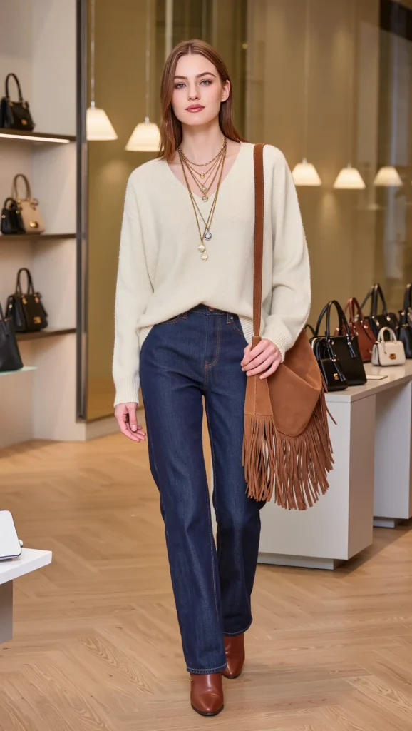 25 Fall Boho Outfit Ideas 2026: Free-Spirited Looks That Feel Effortlessly Chic 23 Fringe Bag With a Cozy Knit and Denim