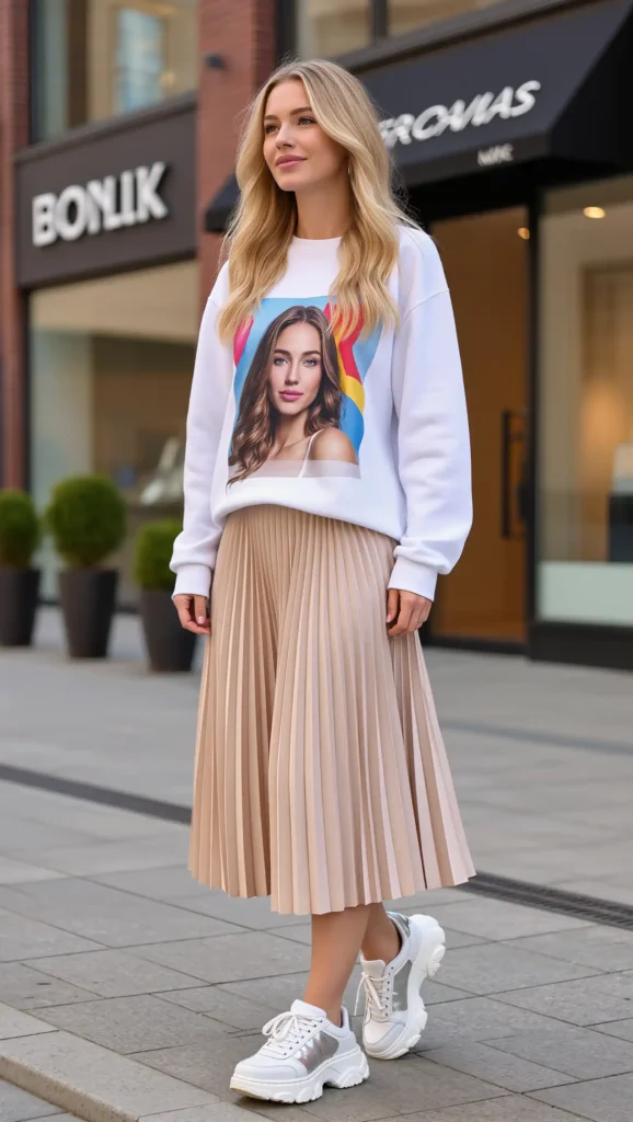 24 Fall Street Style Outfit Ideas 2026: Trendy Looks That Own the Sidewalk 20 Graphic Sweatshirt & Pleated Midi Skirt