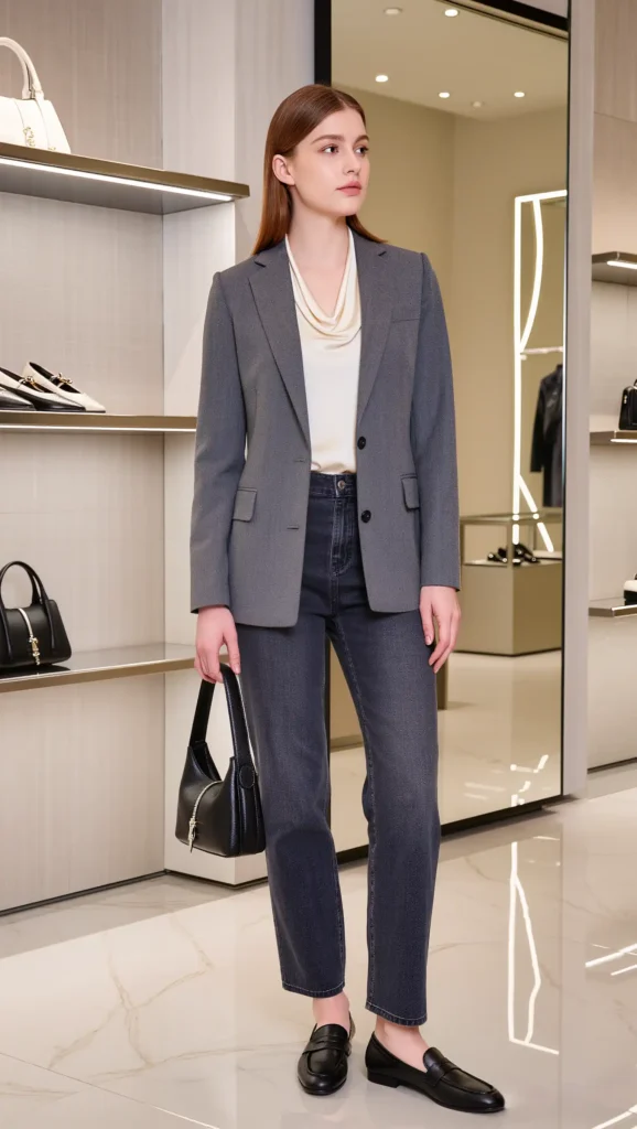 25 Fall Work Outfit Ideas 2026: Polished Office Looks That Blend Style and Comfort 7 Gray Blazer & Straight-Leg Jeans