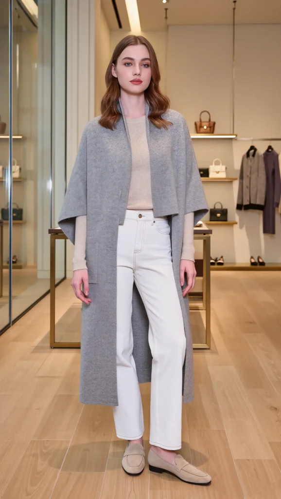 Gray Cashmere Cardigan & White Jeans
