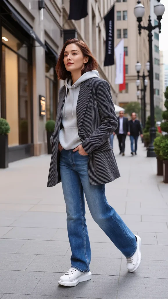 24 Fall Street Style Outfit Ideas 2026: Trendy Looks That Own the Sidewalk 23 Gray Hoodie & Pinstripe Blazer