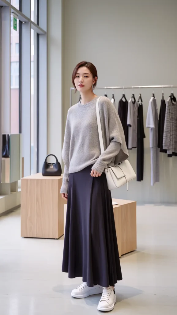 25 Fall Korean Outfit Ideas 2026: Cute, Chic & Effortlessly Trendy Looks 22 Gray Sweater + Black Maxi Skirt