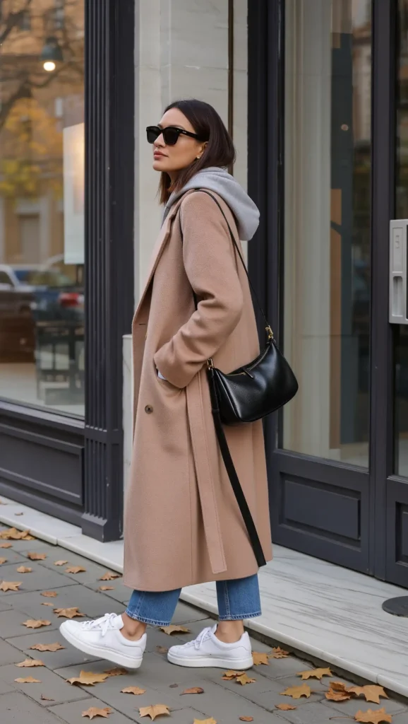 25 Fall Lazy Day Outfits Ideas 2026: Comfy Looks That Still Feel Cute 14 Hoodie + Long Coat