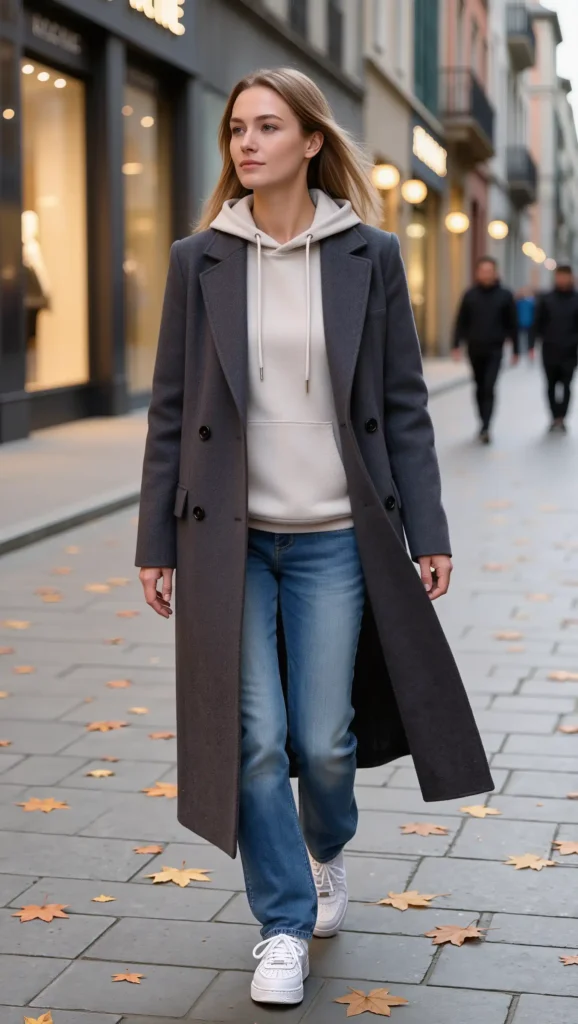 24 Fall Street Style Outfit Ideas 2026: Trendy Looks That Own the Sidewalk 8 Hoodie Under a Wool Coat