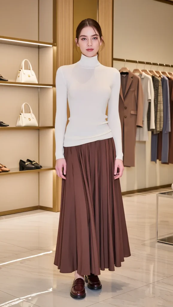 Ivory Turtleneck & Chocolate Maxi Skirt
