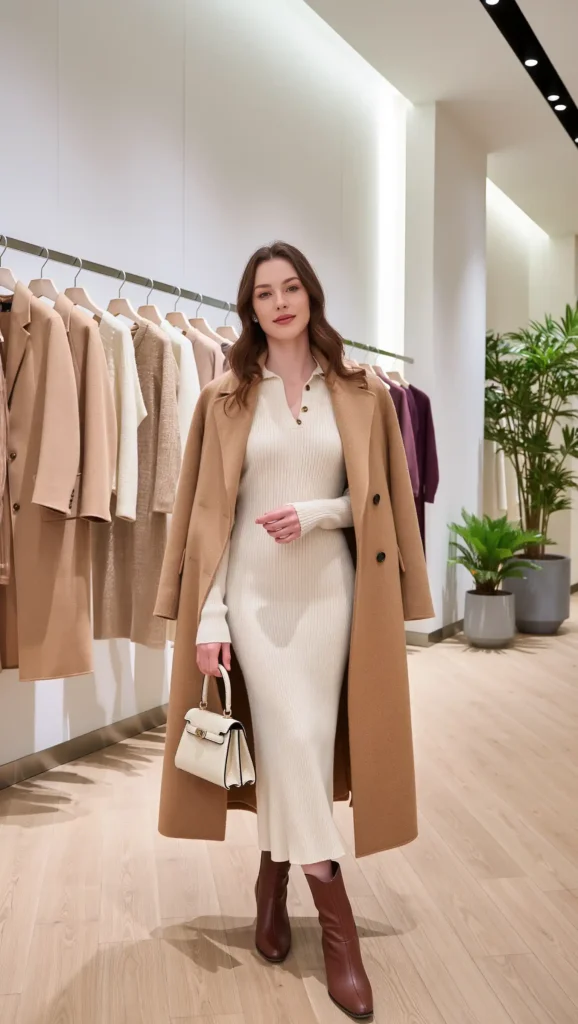 25 Fall Korean Outfit Ideas 2026: Cute, Chic & Effortlessly Trendy Looks 19 Knit Dress + Long Coat