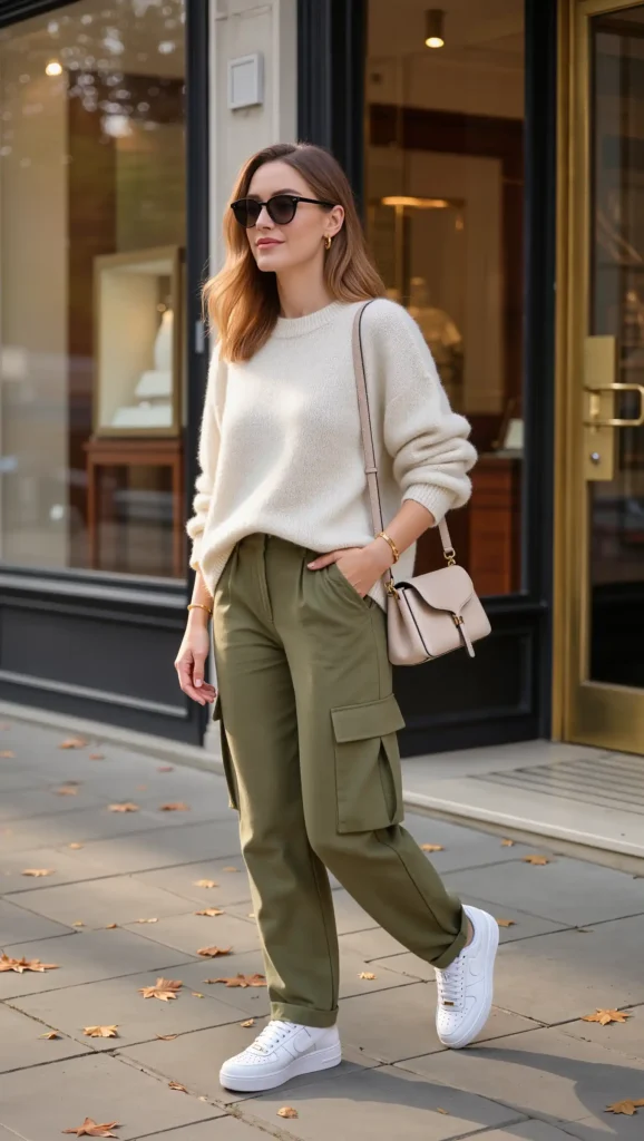 25 Fall Lazy Day Outfits Ideas 2026: Comfy Looks That Still Feel Cute 13 Knit Sweater + Cargo Pants