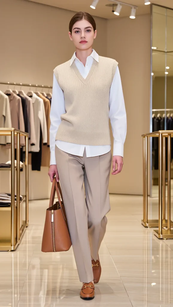 25 Fall Vanilla Girl Outfits Ideas 2026: Cozy, Creamy & Effortlessly Chic 11 Knit Vest + Button-Down Shirt + Trousers