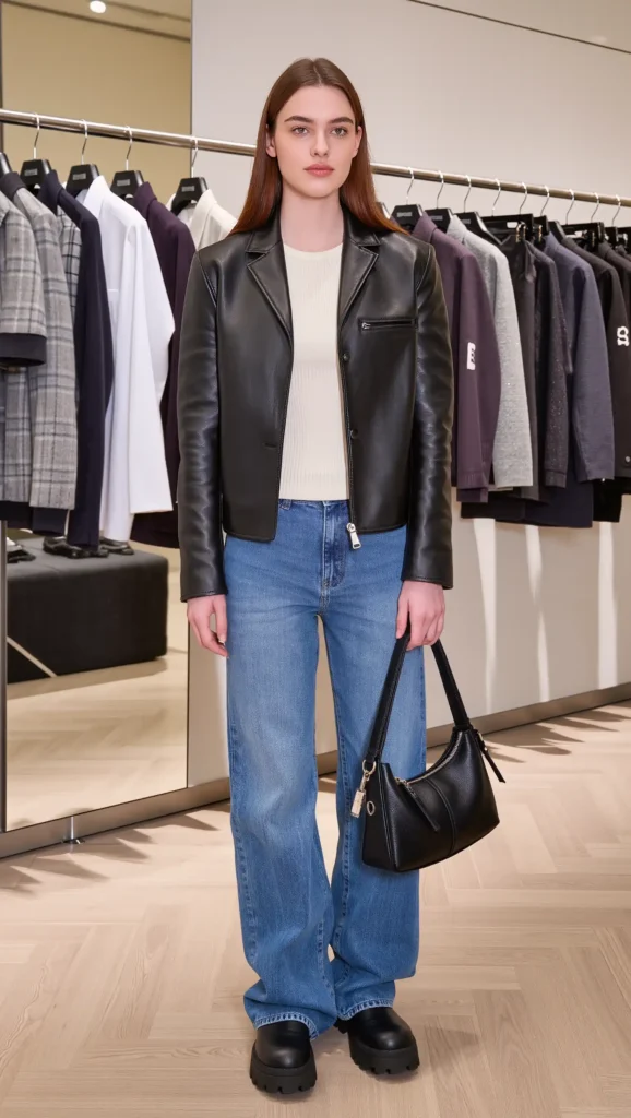 25 Fall Korean Outfit Ideas 2026: Cute, Chic & Effortlessly Trendy Looks 28 Leather Jacket + Baggy Denim