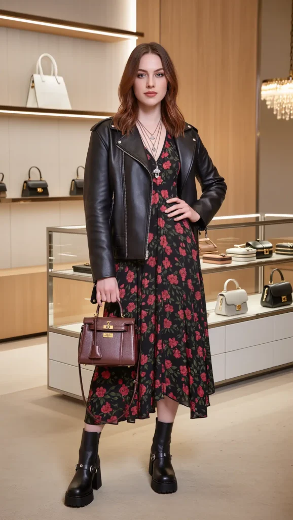 Leather Jacket + Floral Dress