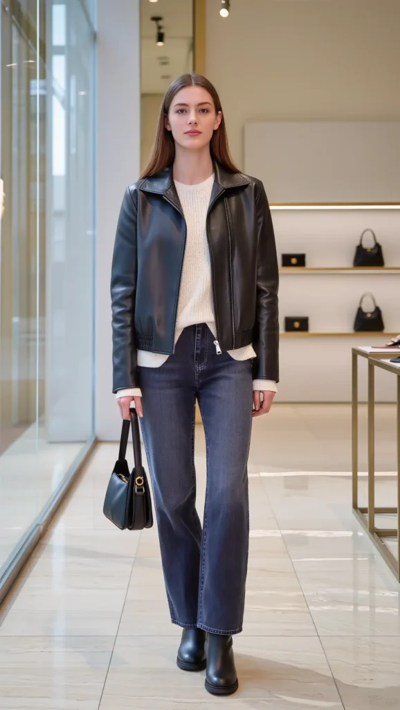 Leather Jacket + Knit Sweater + Denim