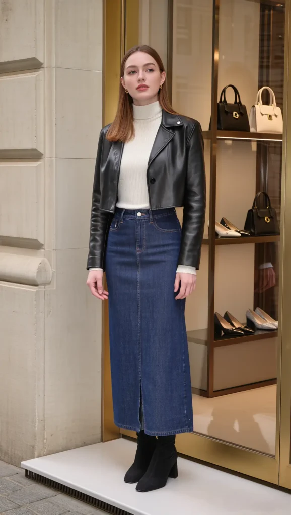25 Fall Pinterest Girl Outfit Ideas 2026: Aesthetic Looks You'll Want to Save Instantly 4 Leather Jacket & Maxi Denim Skirt