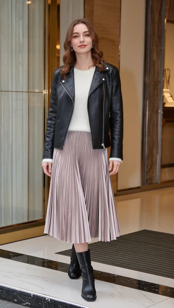 Leather Jacket & Pleated Midi Skirt