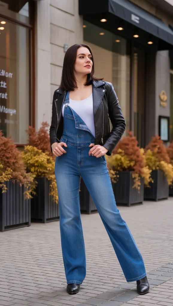 Leather Jacket & Wide-Leg Denim Overalls