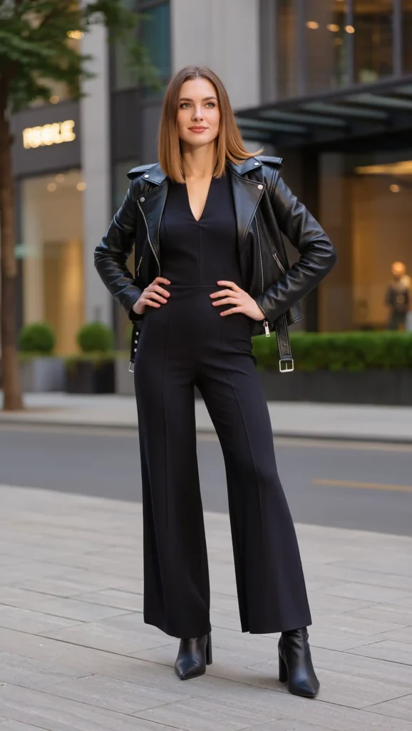 Leather Jacket & Wide-Leg Jumpsuit