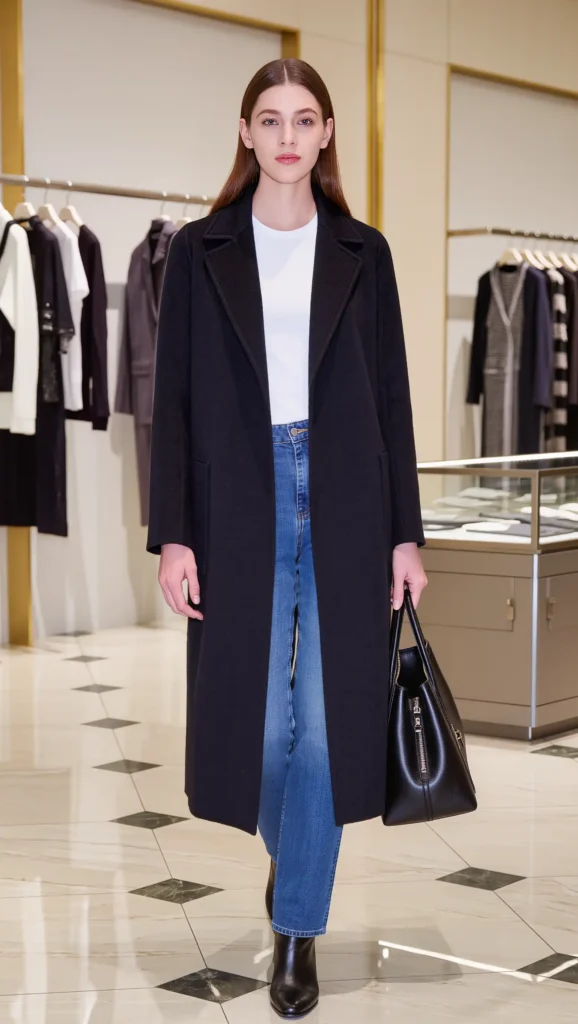 Long Black Coat + White Tee + Jeans
