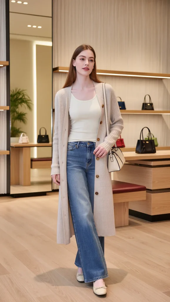 25 Fall Korean Outfit Ideas 2026: Cute, Chic & Effortlessly Trendy Looks 33 Long Cardigan + Wide-Leg Jeans