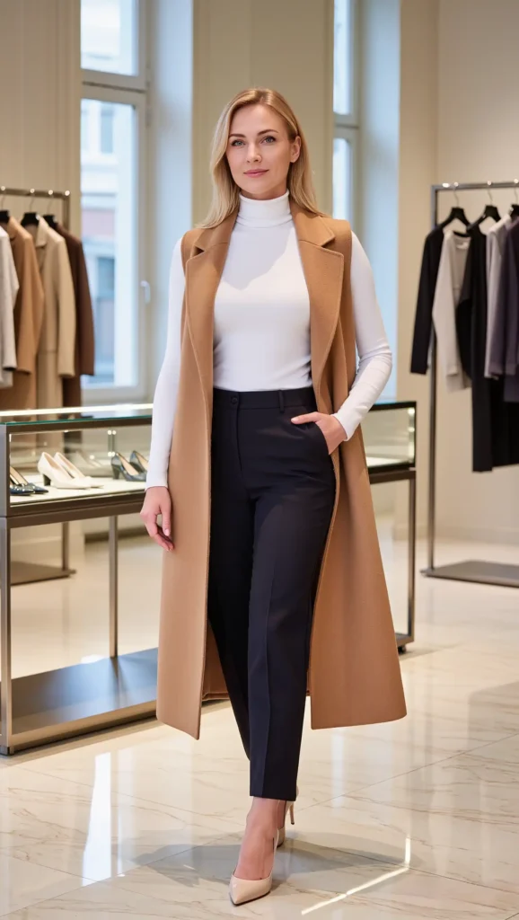 25 Fall Work Outfit Ideas 2026: Polished Office Looks That Blend Style and Comfort 9 Longline Vest & Turtleneck