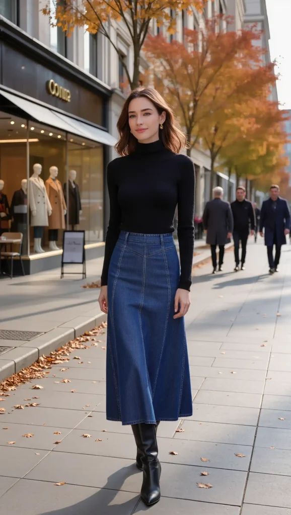 24 Fall Street Style Outfit Ideas 2026: Trendy Looks That Own the Sidewalk 9 Maxi Denim Skirt & Tall Boots