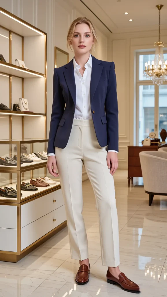 Navy Blazer & Cream Trousers