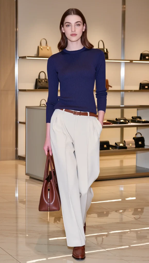 Navy Sweater + Cream Trousers