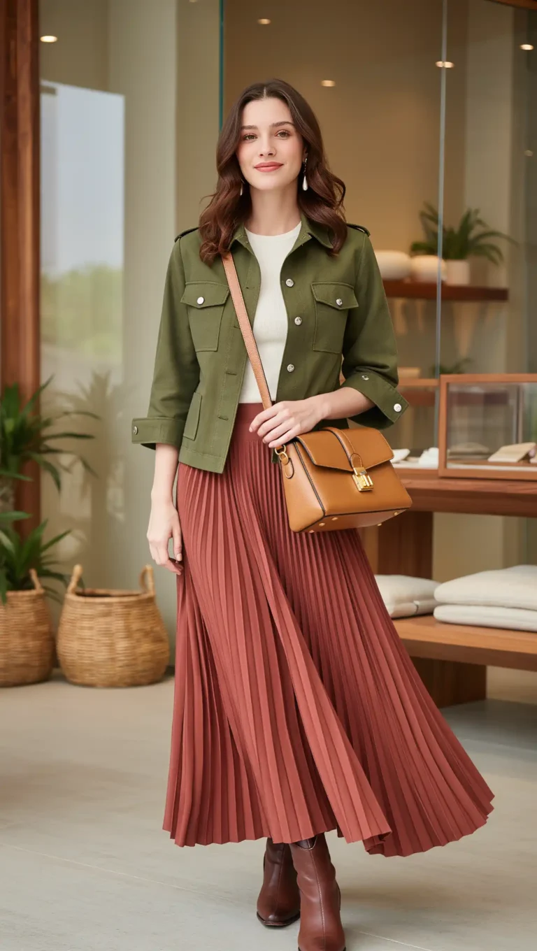 Olive Utility Jacket With a Maxi Skirt