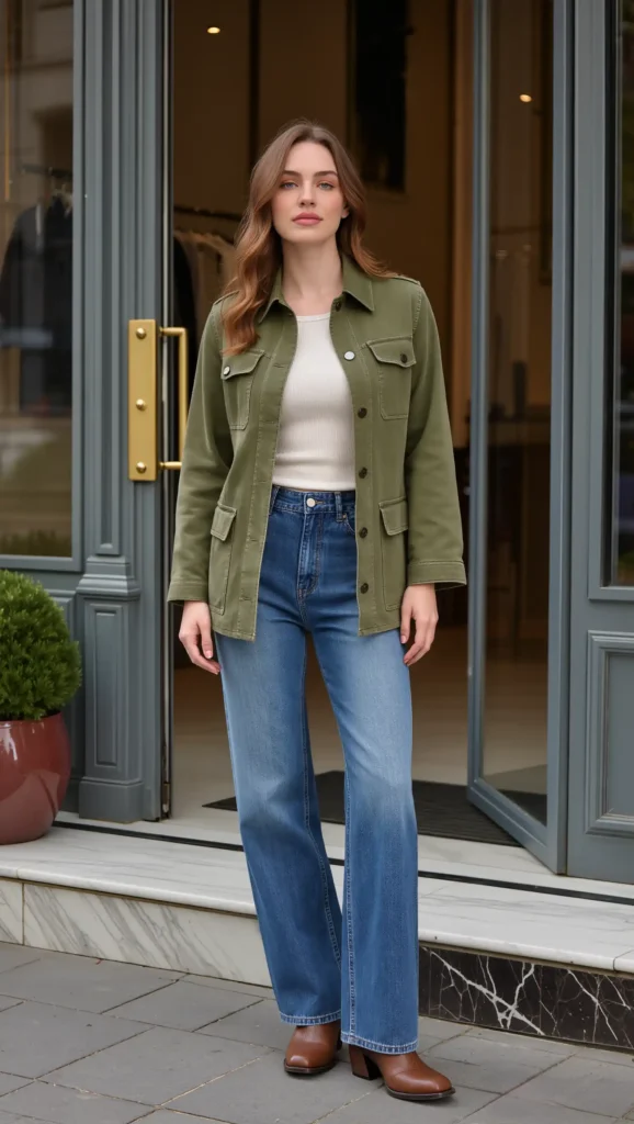 25 Fall Pinterest Girl Outfit Ideas 2026: Aesthetic Looks You'll Want to Save Instantly 17 Olive Utility Jacket & Wide-Leg Jeans