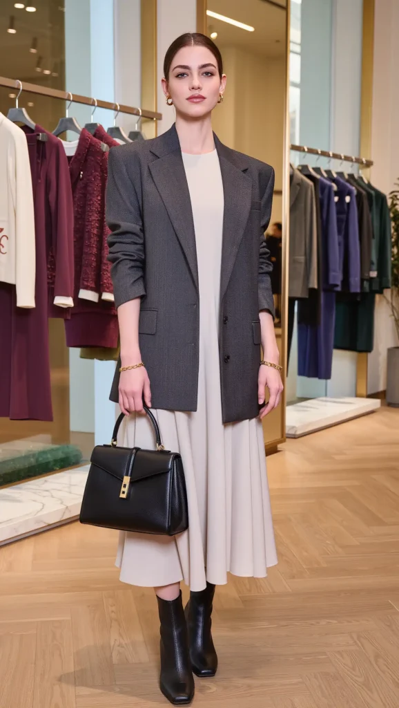 25 Fall Casual Chic Outfits Ideas 2026: Effortless & Polished Autumn Looks 26 Oversized Blazer + Dress + Boots