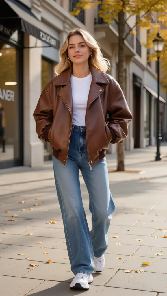 24 Fall Street Style Outfit Ideas 2026: Trendy Looks That Own the Sidewalk 2 Oversized Leather Bomber & Wide-Leg Jeans