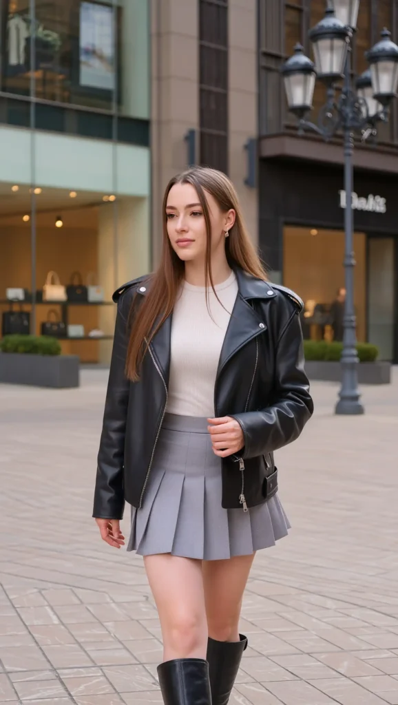 Oversized Leather Jacket & Mini Skirt