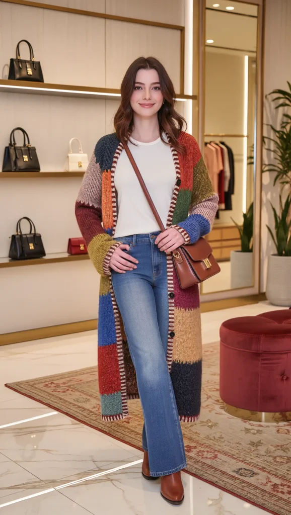 25 Fall Boho Outfit Ideas 2026: Free-Spirited Looks That Feel Effortlessly Chic 13 Patchwork Cardigan With Relaxed Denim