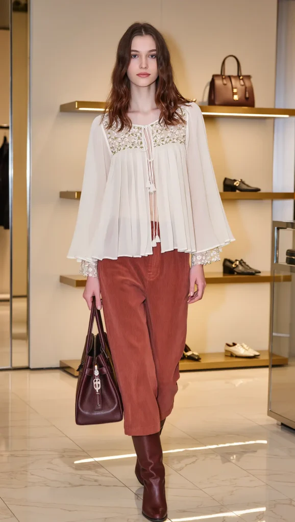 25 Fall Boho Outfit Ideas 2026: Free-Spirited Looks That Feel Effortlessly Chic 5 Peasant Blouse With Corduroy Pants