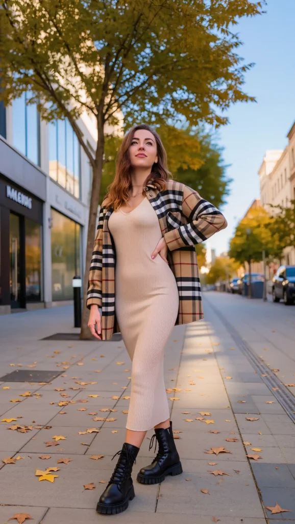 24 Fall Street Style Outfit Ideas 2026: Trendy Looks That Own the Sidewalk 19 Plaid Shacket & Knit Dress