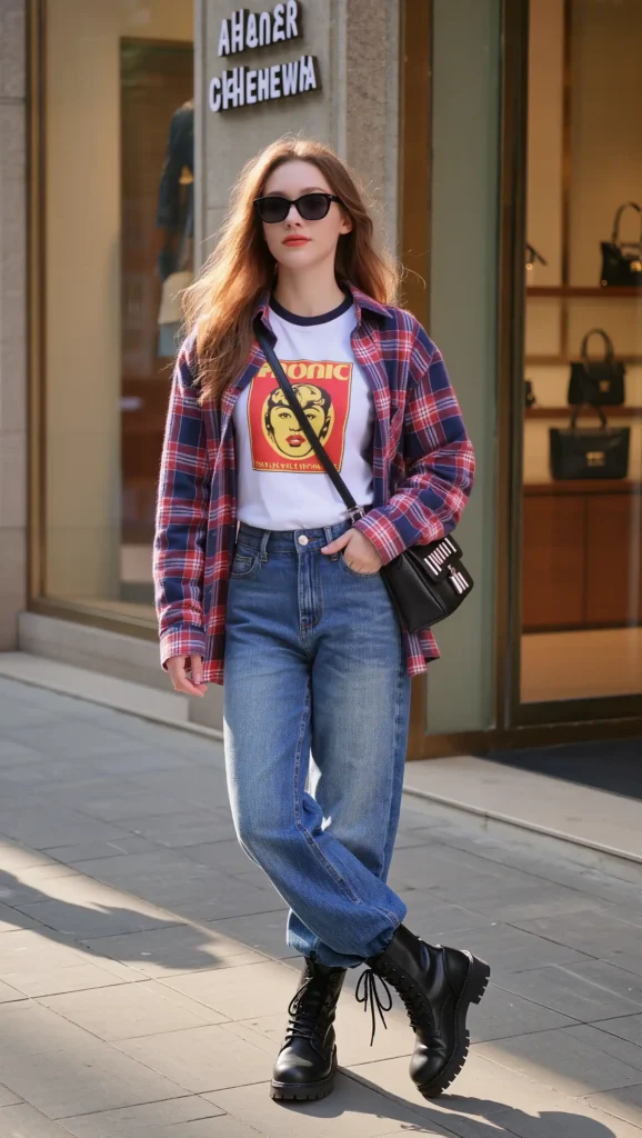 Plaid Shirt + Graphic Tee + Jeans