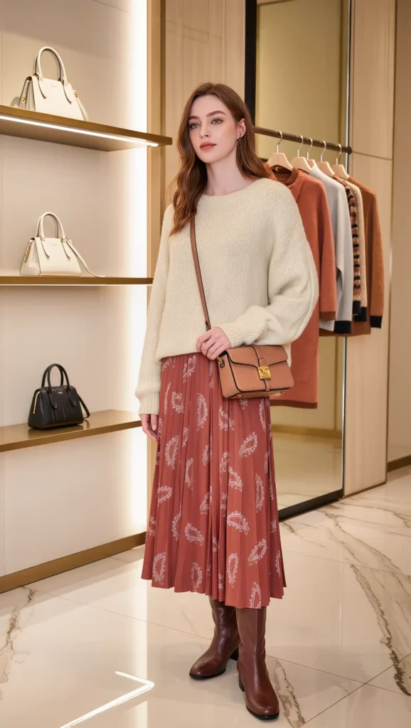 25 Fall Boho Outfit Ideas 2026: Free-Spirited Looks That Feel Effortlessly Chic 6 Printed Midi Skirt With a Chunky Sweater