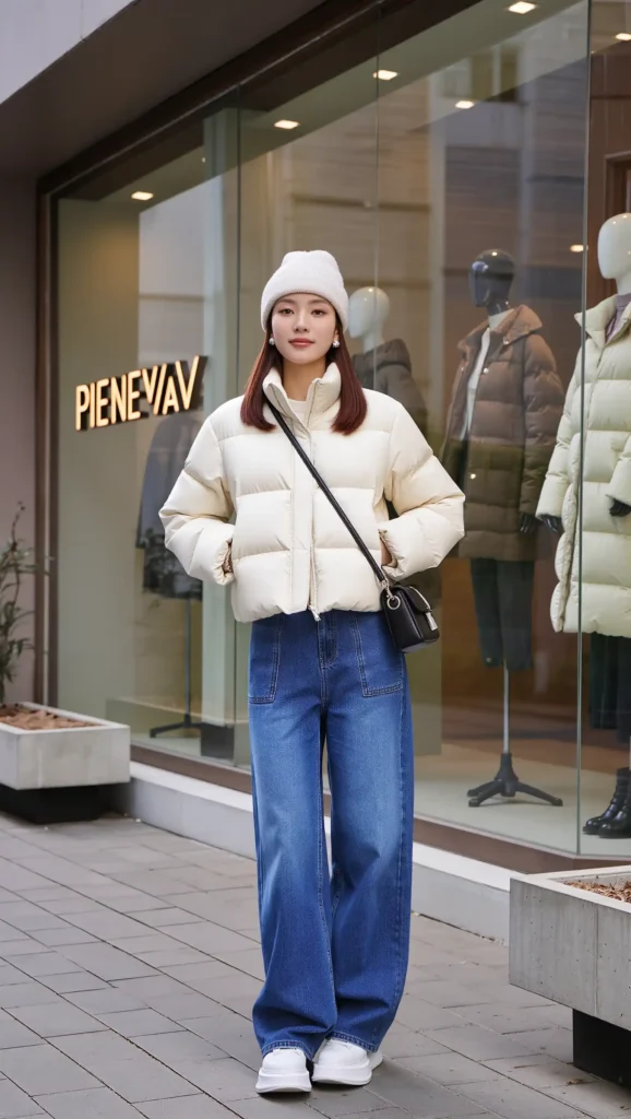 25 Fall Korean Outfit Ideas 2026: Cute, Chic & Effortlessly Trendy Looks 31 Puffer Jacket + Wide-Leg Jeans