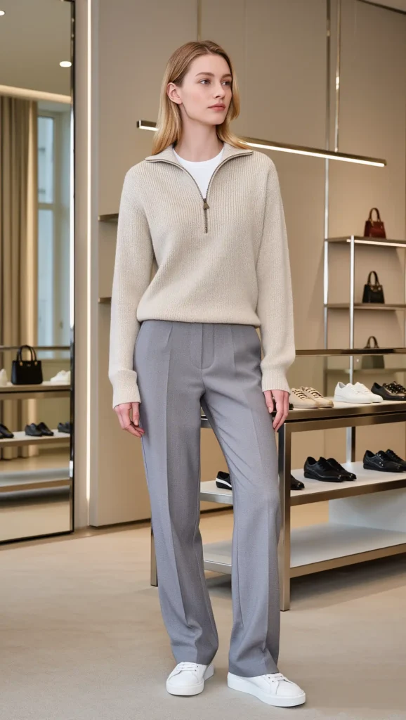 Relaxed Trousers & Half-Zip Sweater