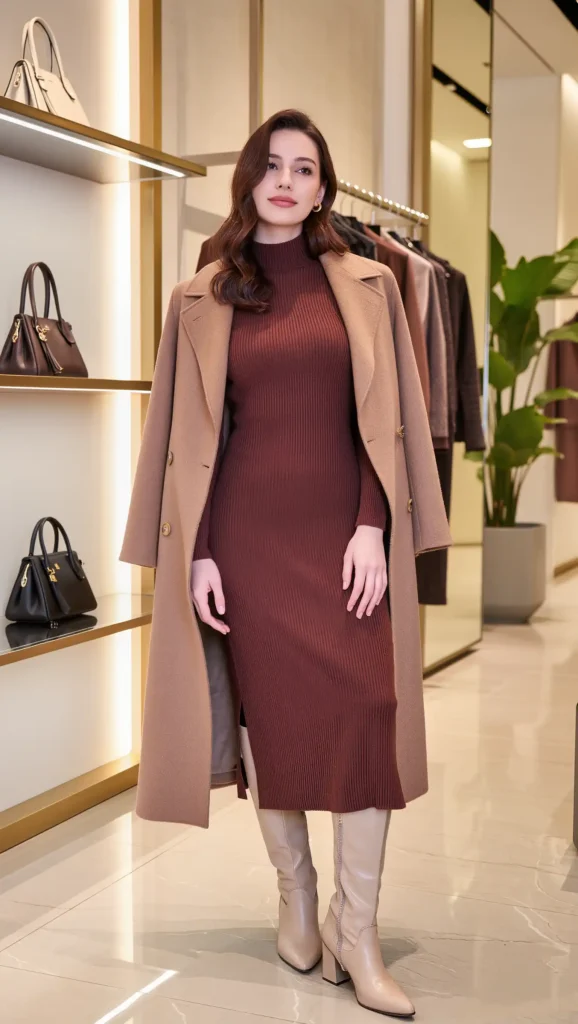 25 Fall Work Outfit Ideas 2026: Polished Office Looks That Blend Style and Comfort 3 Ribbed Knit Dress & Long Coat