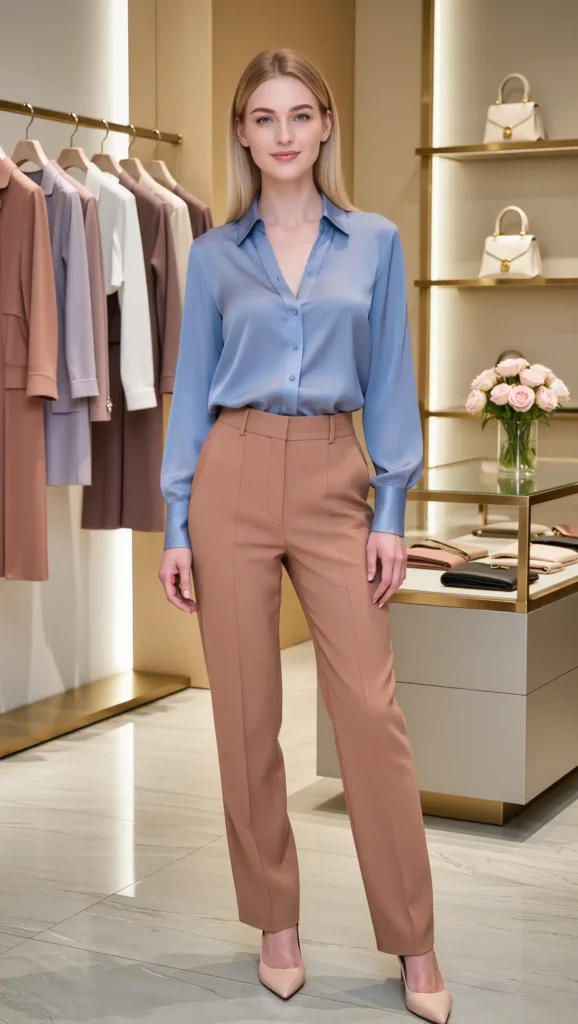 25 Fall Work Outfit Ideas 2026: Polished Office Looks That Blend Style and Comfort 20 Soft Blue Blouse & Camel Pants
