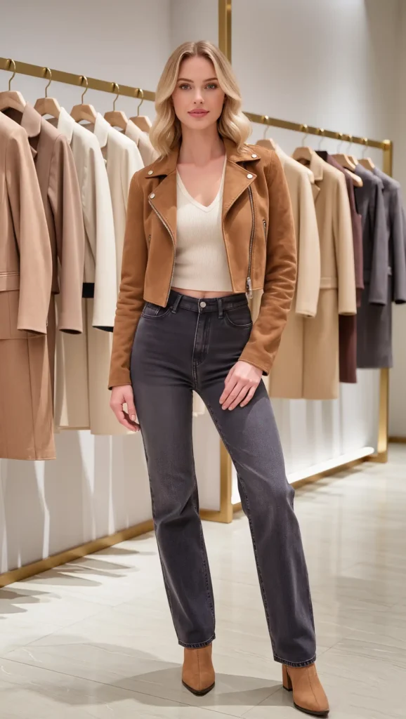 25 Fall Pinterest Girl Outfit Ideas 2026: Aesthetic Looks You'll Want to Save Instantly 21 Suede Jacket & Dark Denim