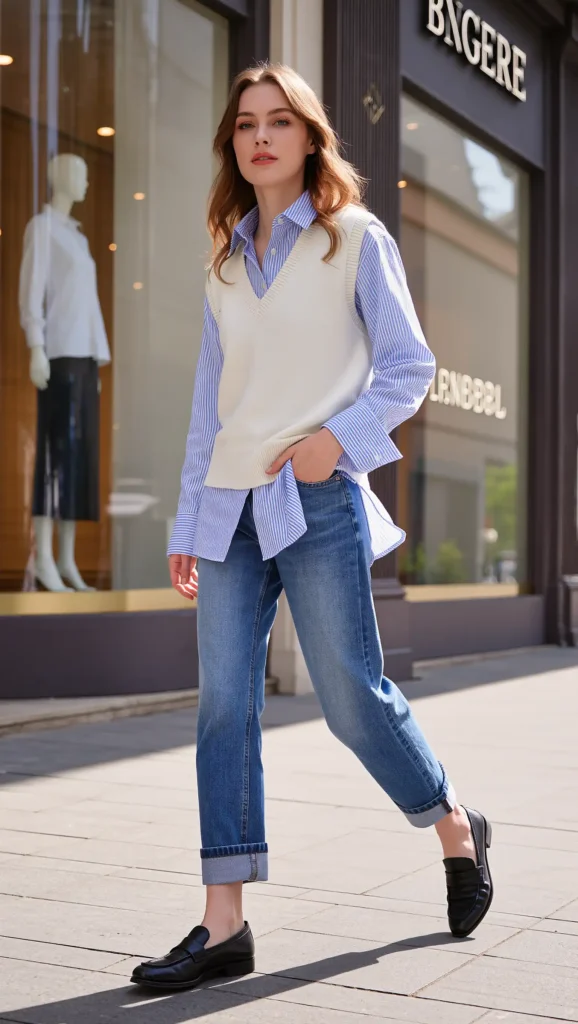 24 Fall Street Style Outfit Ideas 2026: Trendy Looks That Own the Sidewalk 12 Sweater Vest & Oversized Oxford Shirt