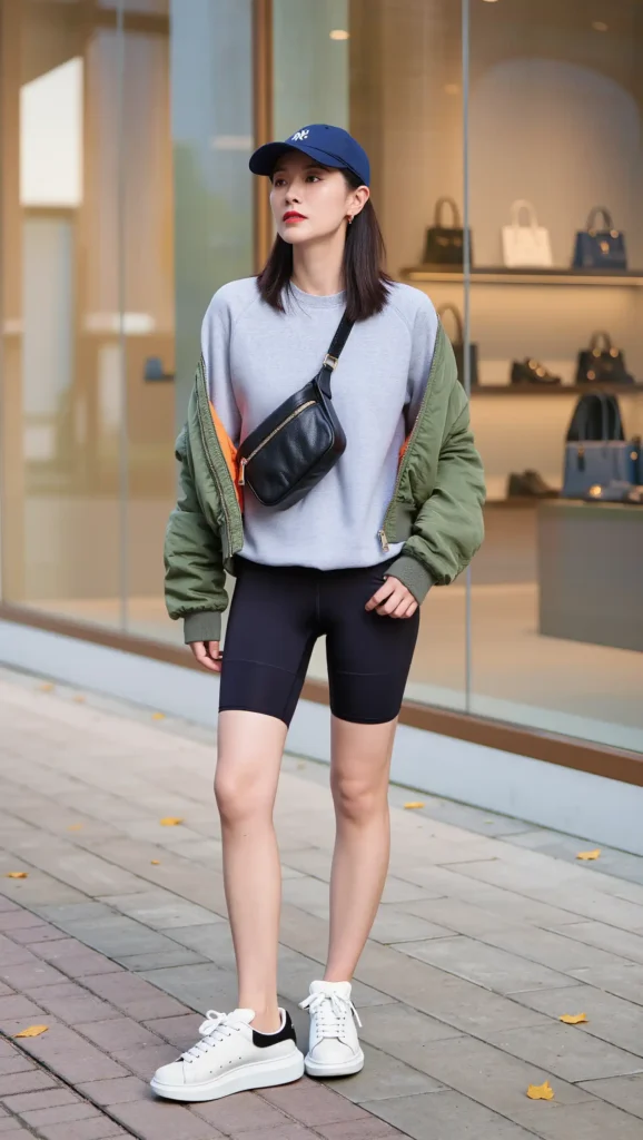 25 Fall Lazy Day Outfits Ideas 2026: Comfy Looks That Still Feel Cute 8 Sweatshirt + Biker Shorts + Jacket