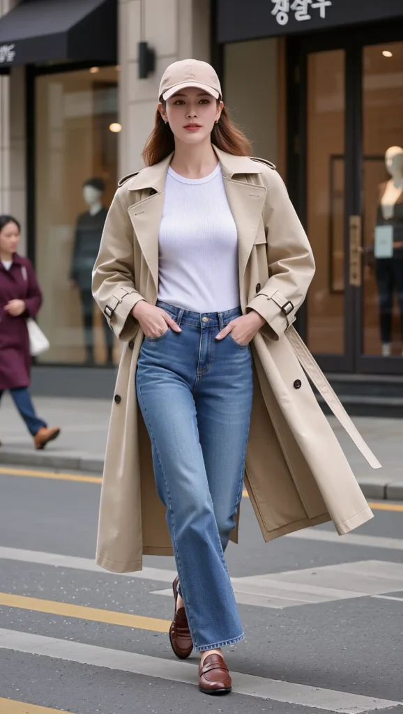 25 Fall Korean Outfit Ideas 2026: Cute, Chic & Effortlessly Trendy Looks 16 Trench Coat + Denim